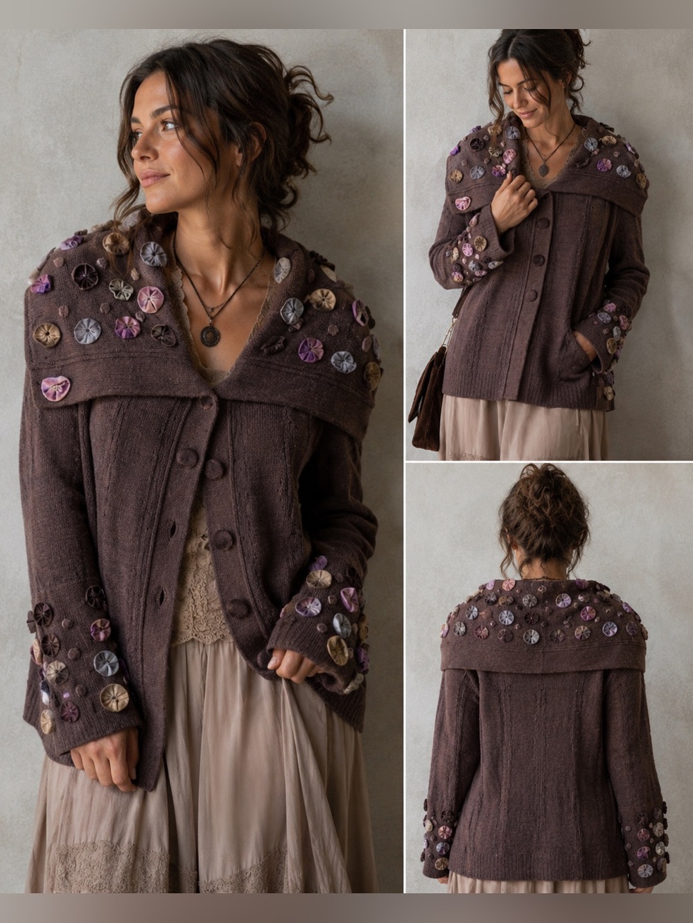 Vtg CoVelo Rosette Appliqué Cardigan L Brown Velvet Art To Wear Fairycore Boho